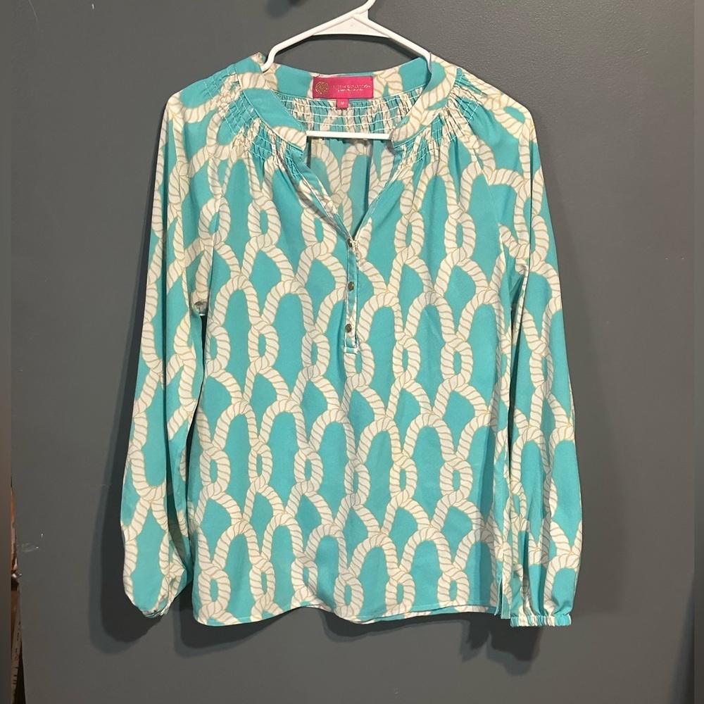 MacBeth Collection Aqua Nautical Rope Patterned Blouse 3 Buttons Women's medium